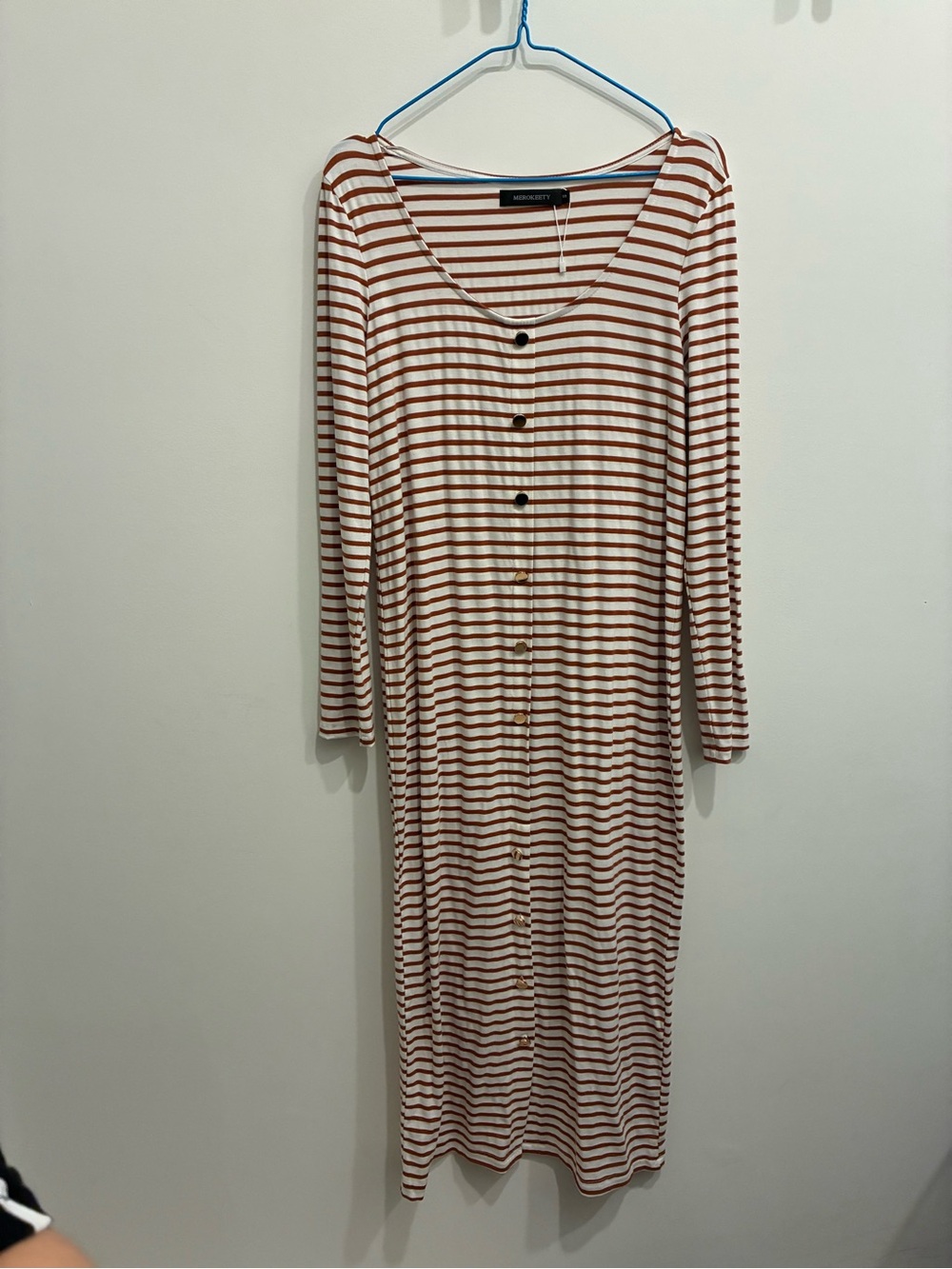 Rust Stripe Button-Front Long Sleeve Dress